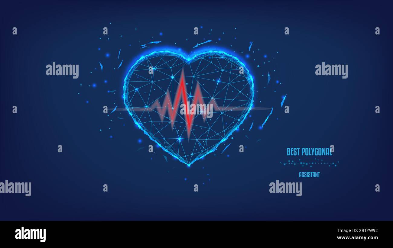 Cardiogram line. Polygonal Heart. Beautiful dark blue night sky. Low poly. Conceptual illustration medical, healthcare,  cardiology. Stock Vector