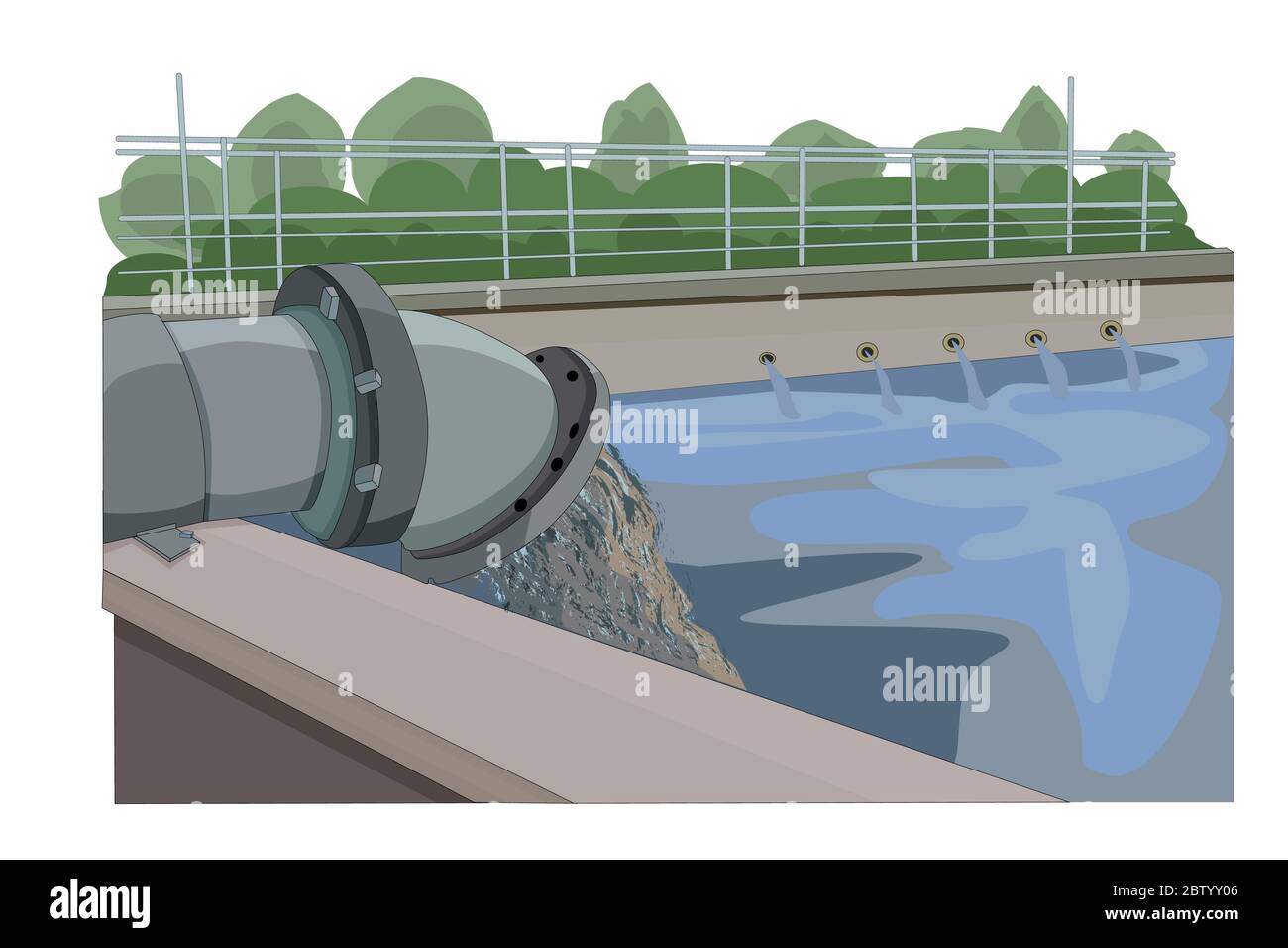 Wastewater treatment plant. Wastewater released from industrial plants. Environmental pollution. Pipe with sludge pouring out into water. Stock vector Stock Vector