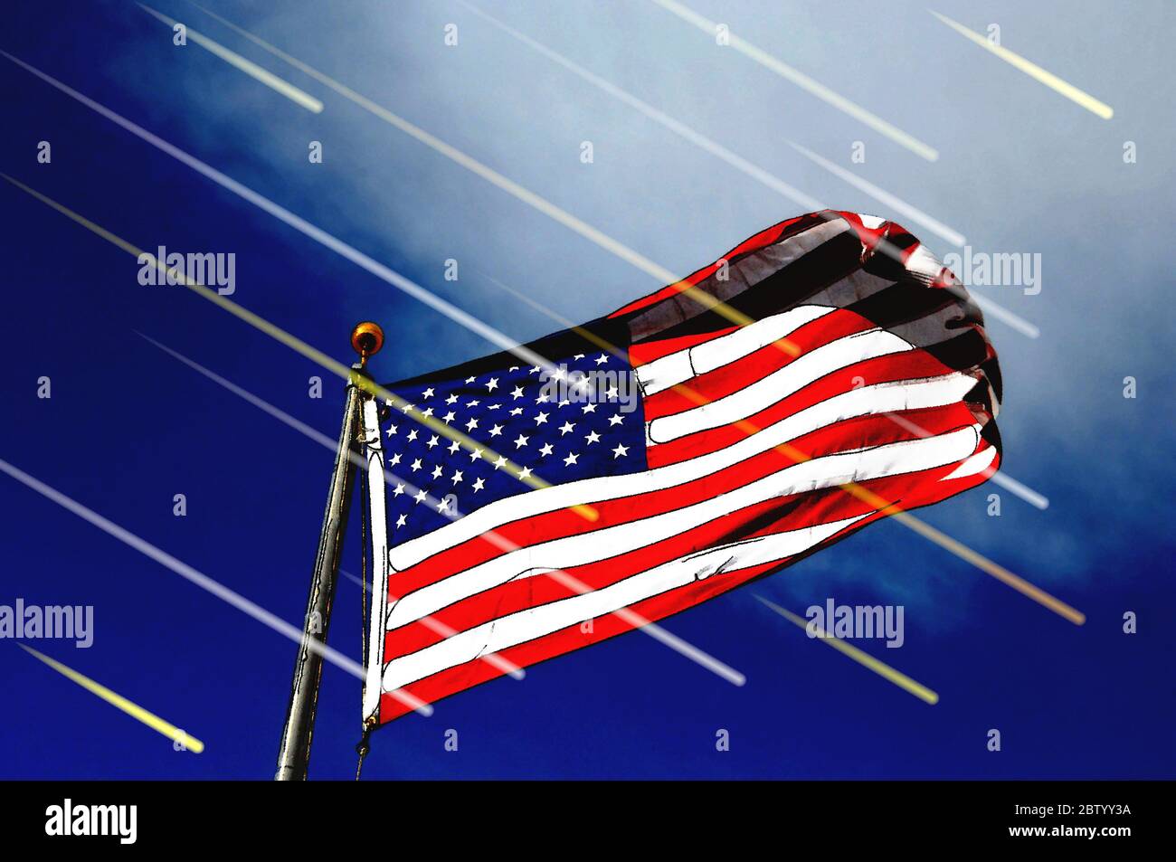 Illustration shows unfurled American Flag bombarded by bomb bursts