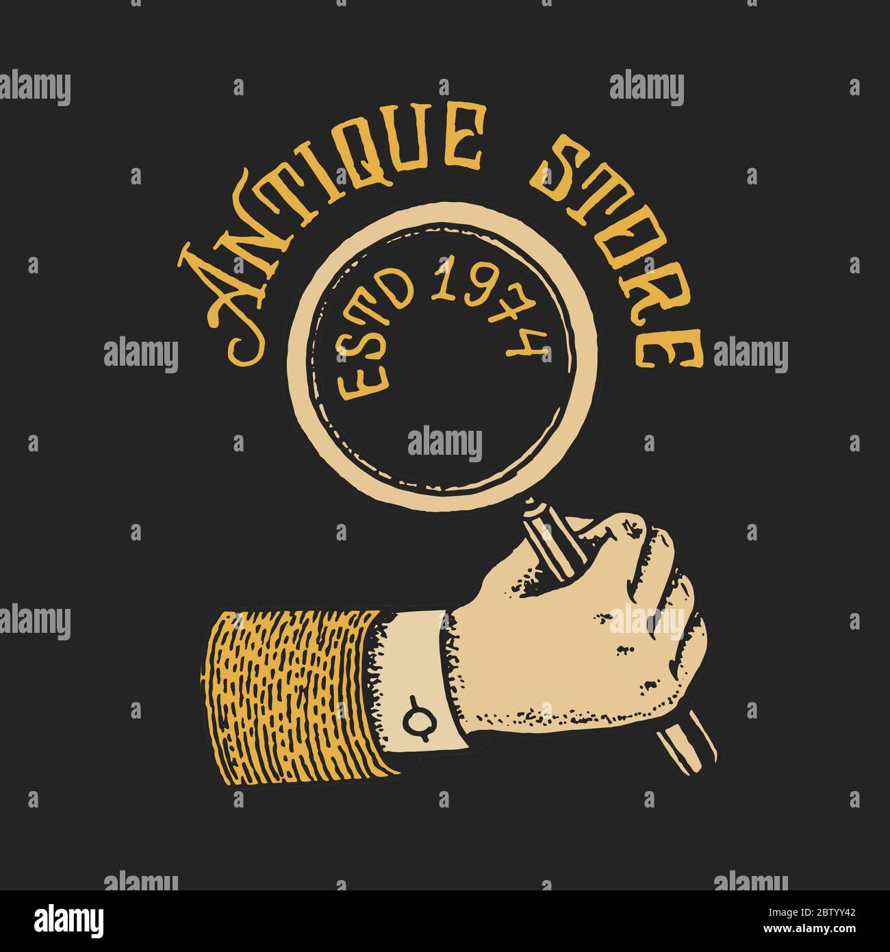 Magnifier in the hand. Antique shop label or golden badge. Vintage victorian ancient logo for t-shirt and typography. Old fashion. Hand drawn engraved Stock Vector