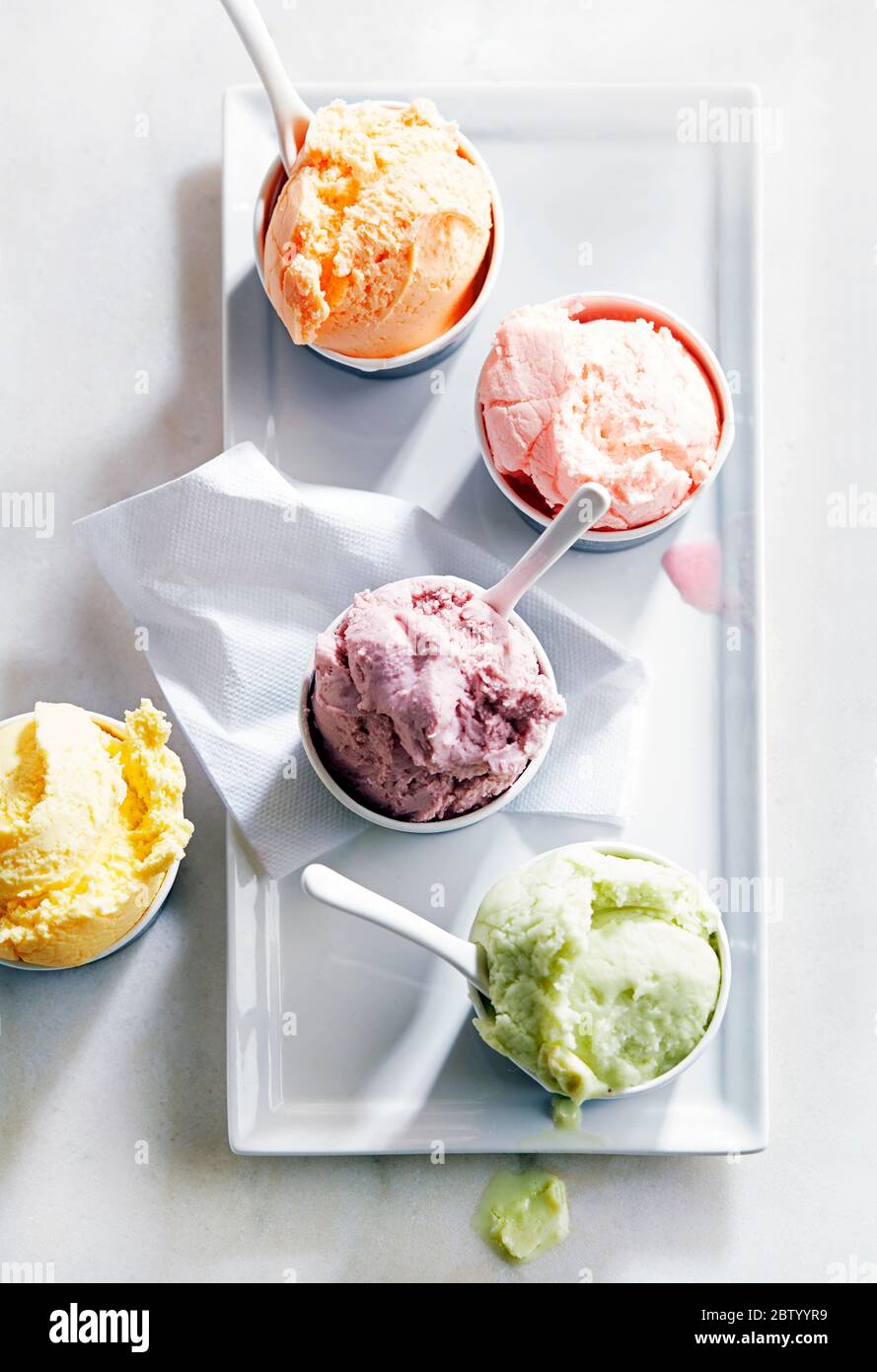 5 Flavors of Ice Cream in Cups Stock Photo