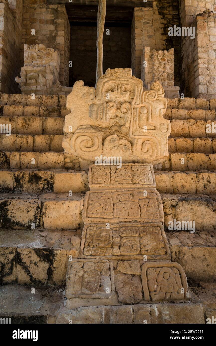 Jaguar Altar at the Acropolis of the  Mayan Ruins of Ek Balam, Yucatan, Mexico Stock Photo