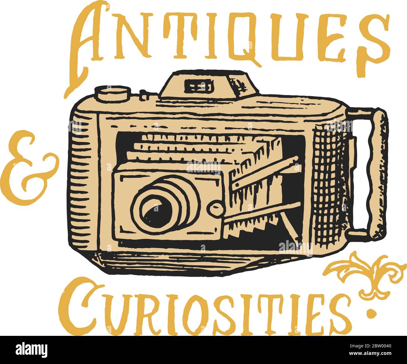 Vintage camera. Antique shop label or golden badge. Victorian ancient logo for t-shirt and typography. Old fashion. Hand drawn engraved monochrome Stock Vector