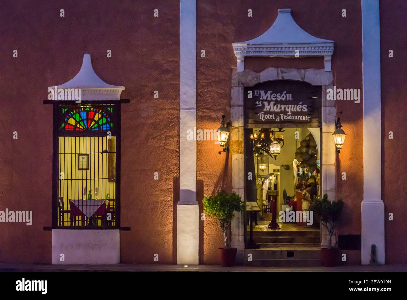 Hotel and restaurant at night, Valladolid, Mexico Stock Photo