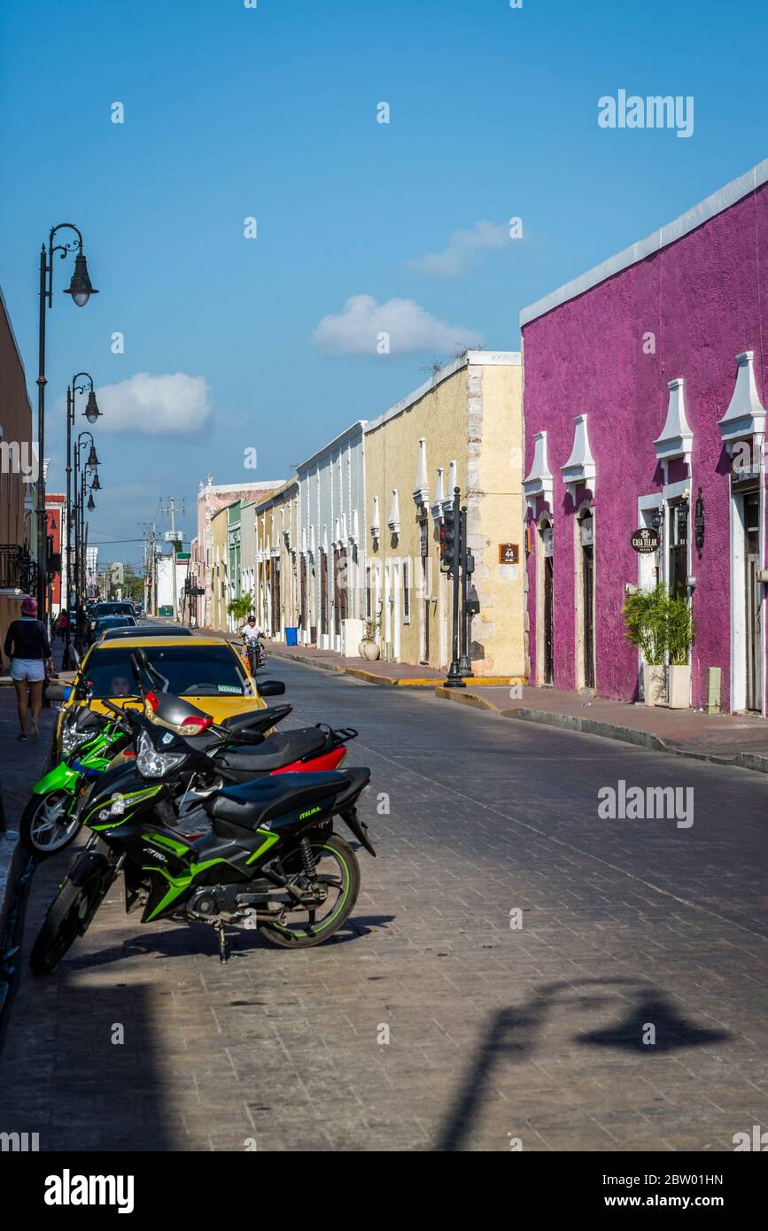 Typical street with beautiful pastelpainted houses, Valladolid
