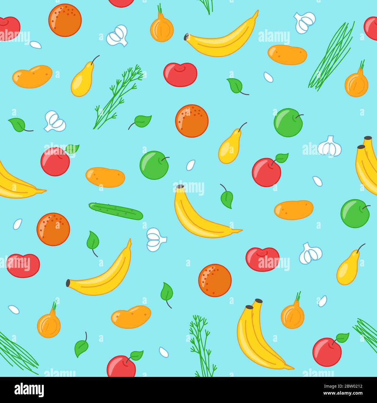 Seamless pattern with organic fruits and vegetables. Vector illustration in cartoon style Stock Vector