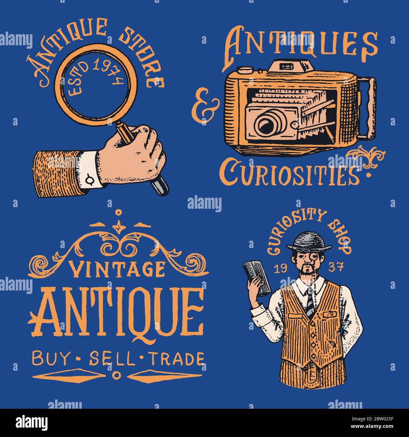 Antique shop labels or badges. Vintage victorian ancient logo for t-shirts  and typography. Magnifier and camera and gentleman man. Old fashion. Hand  Stock Vector Image & Art - Alamy