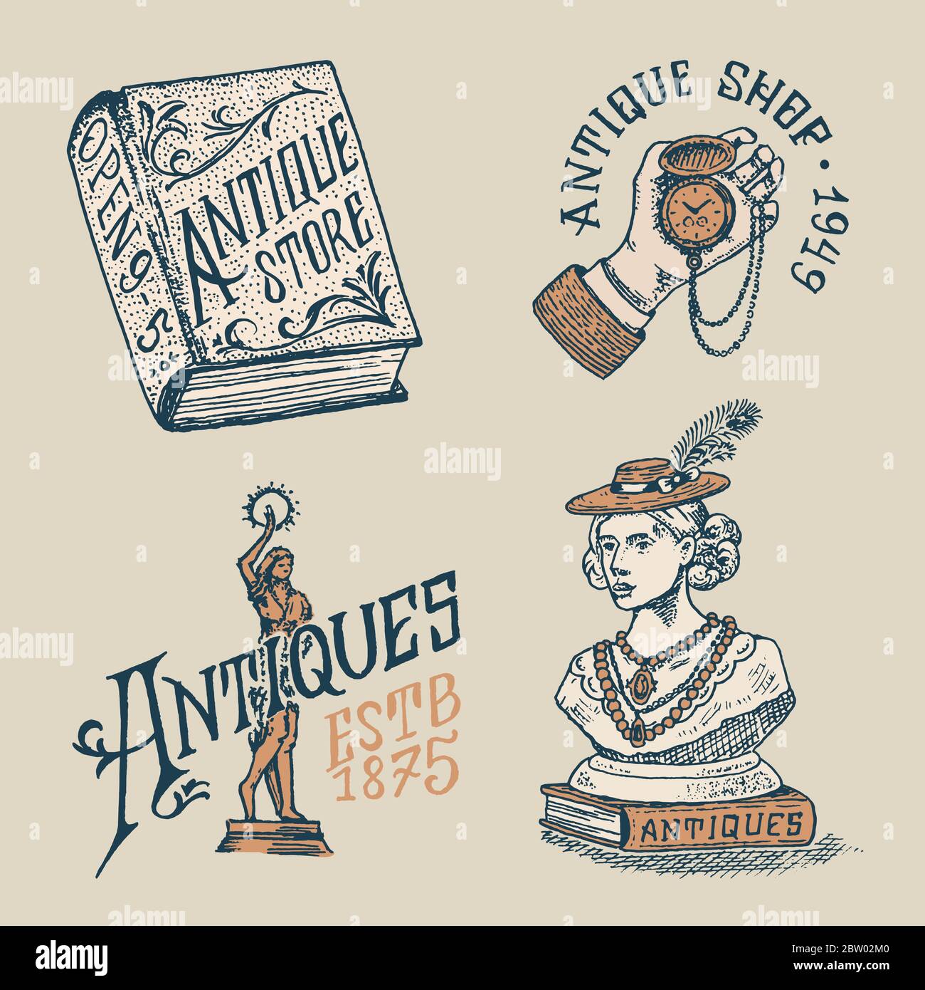 https://c8.alamy.com/comp/2BW02M0/antique-shop-labels-or-badges-vintage-victorian-ancient-logo-for-t-shirts-and-typography-clock-in-hand-woman-sculpture-book-and-lettering-old-2BW02M0.jpg