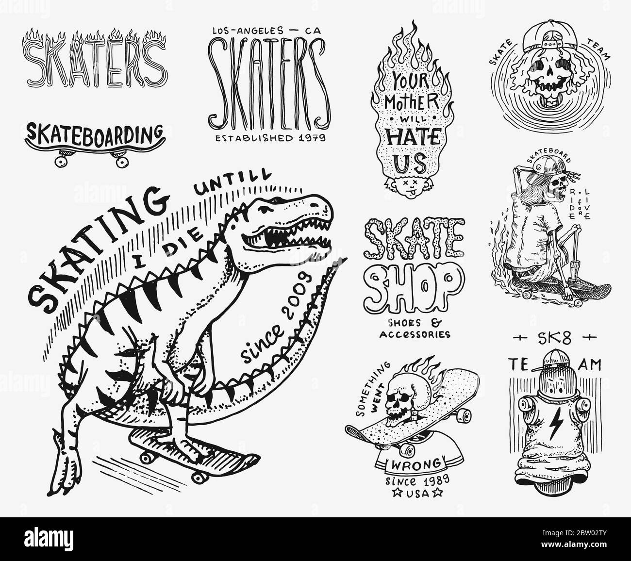 Skateboard shop badges set. Dinosaur and skeletons ride on the boards concept. Fiery head and skull. Vintage retro labels for t-shirts and typography Stock Vector