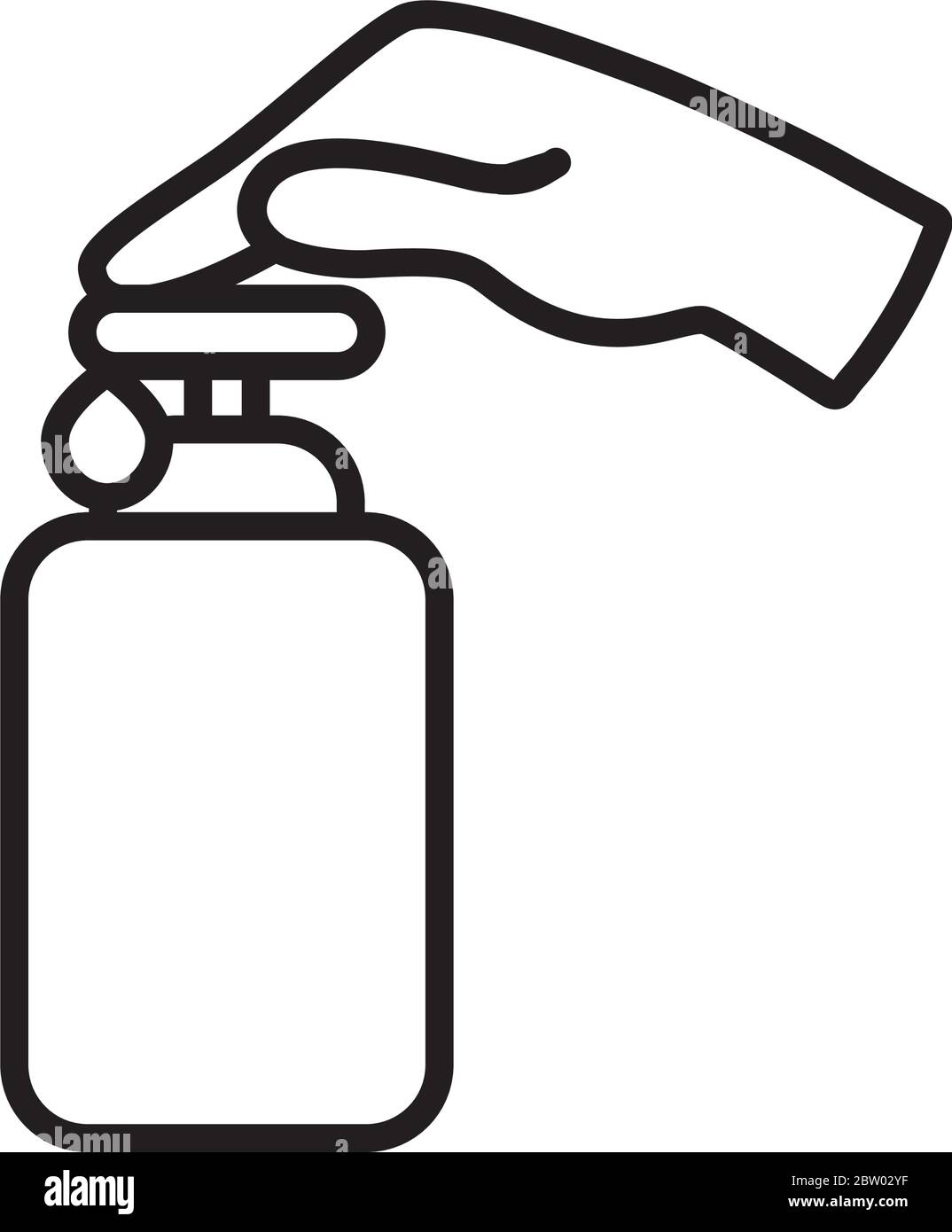 hand pushing the soap bottle icon over white background, line style ...