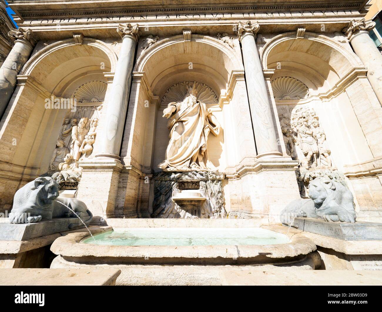 The Fontana dell'Acqua Felice, also called the Fountain of Moses. It marked the terminus of the Acqua Felice aqueduct restored by Pope Sixtus V. It was designed by Domenico Fontana and built in 1585-88 - Rome, Italy Stock Photo