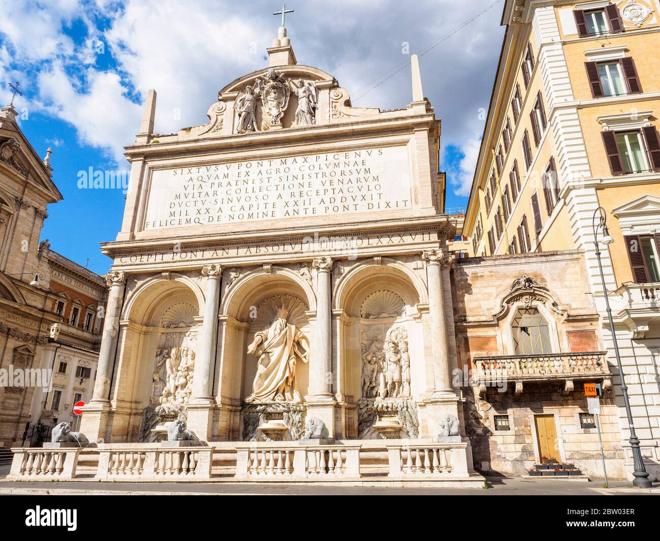 The Fontana dell'Acqua Felice, also called the Fountain of Moses. It marked  the terminus of the Acqua Felice aqueduct restored by Pope Sixtus V. It was  designed by Domenico Fontana and built