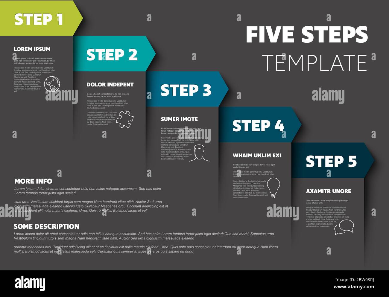 One two three four five - vector dark blue green progress steps template with descriptions and icons Stock Vector
