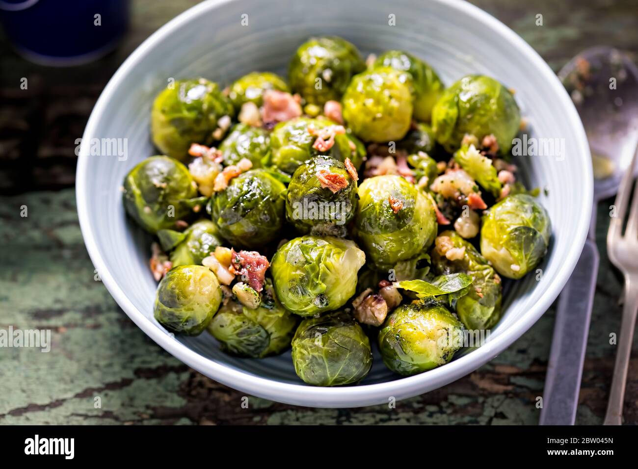 Brussel sprouts with bacon, christmas side Stock Photo Alamy