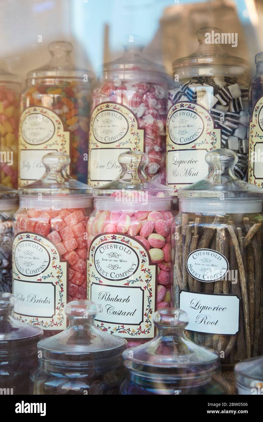 Traditional sweetshop window display in Stow on the Wold, Cotswolds, Gloucestershire, England UK Stock Photo