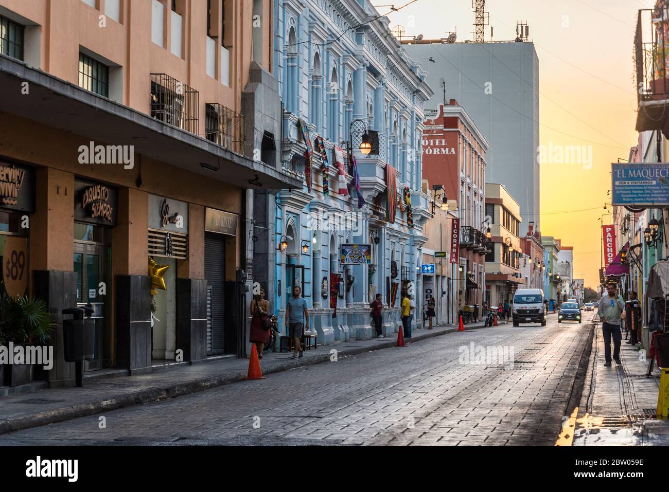 street in the city centre, at sunset Merida, Yucatan, Mexico Stock Photo