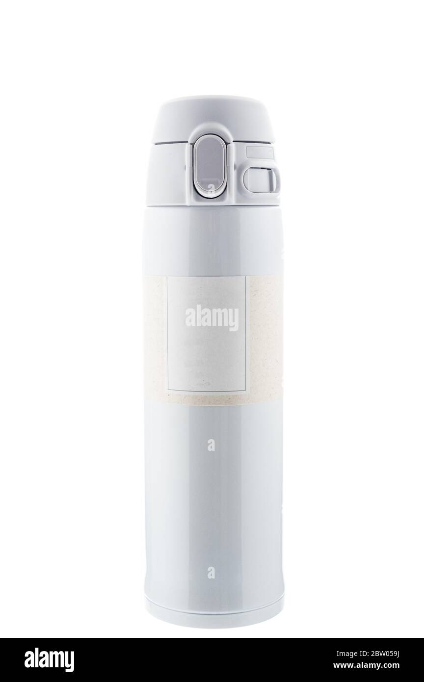 Thermos for drinks in beige. Bright thermostat for coffee and tea. Vertical  frame Stock Photo - Alamy