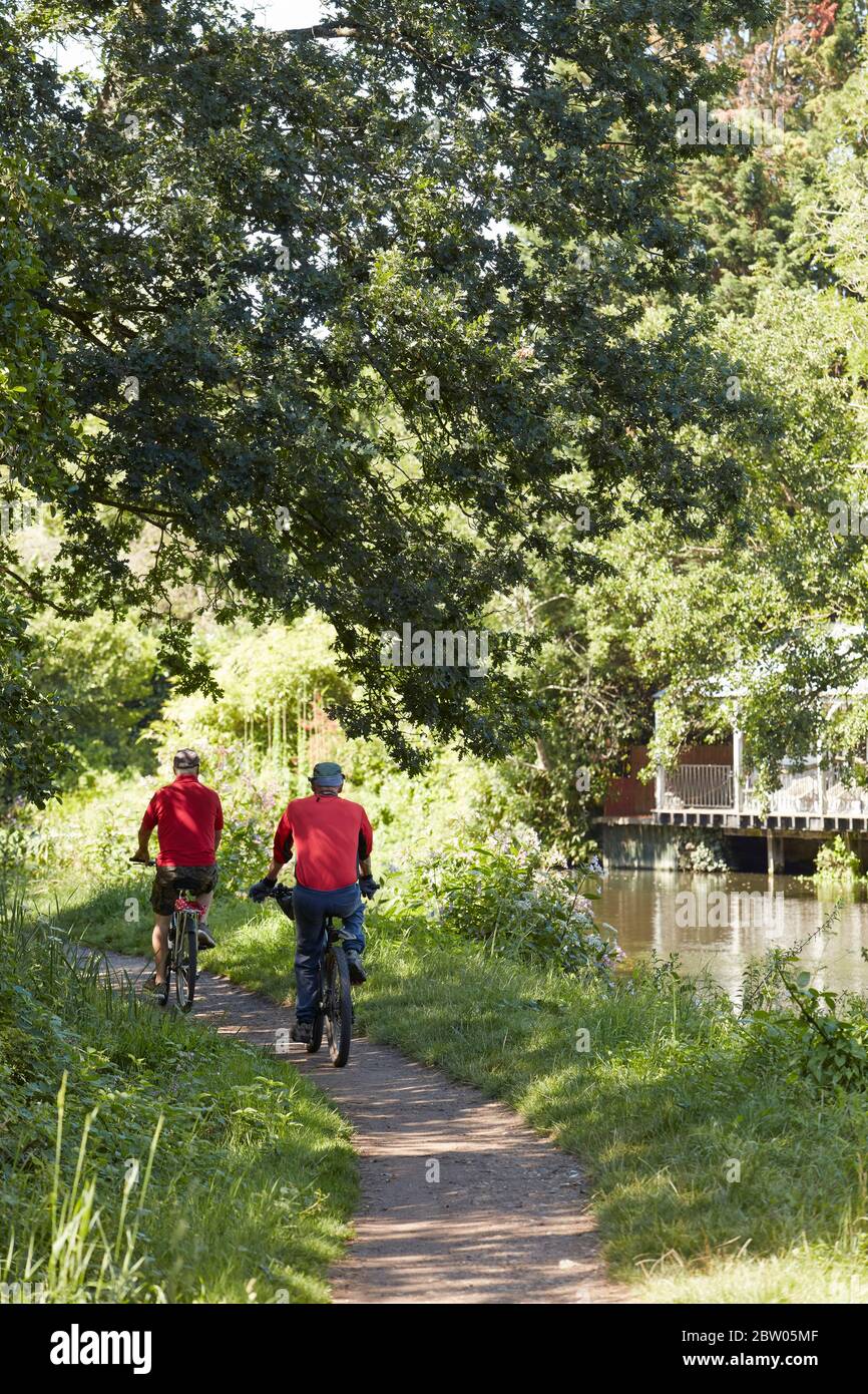 Cyclists along the River Wey, Weybridge, Hampshire Stock Photo