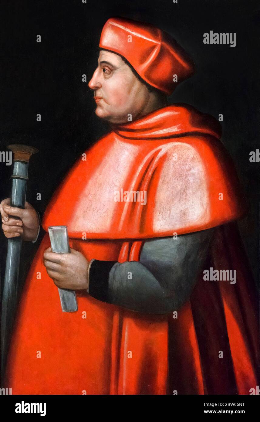Thomas Wolsey. Portrait of Cardinal Wolsey (c.1473-1530) by unknown artist, oil on panel, c.1590. Stock Photo