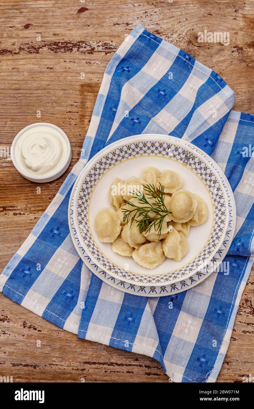 Hot meat dumplings with fresh sour cream. Traditional russian pelmeni ...