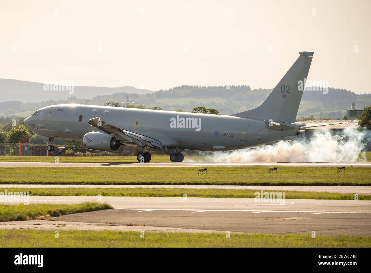 Glasgow, Scotland, UK. 28th May, 2020. Pictured: Royal Air Force (RAF) P-8A Poseidon Aircraft (registration - ZP802) seen at Glasgow International Airport during a training flight during the Coronavirus (COVID10) lockdown. Basically a modified Boeing 737 fuselage, Boeing's P-8A Poseidon is a multi-role maritime patrol aircraft, equipped with sensors and weapons systems for anti-submarine warfare, as well as surveillance and search and rescue missions. Credit: Colin Fisher/Alamy Live News Stock Photo