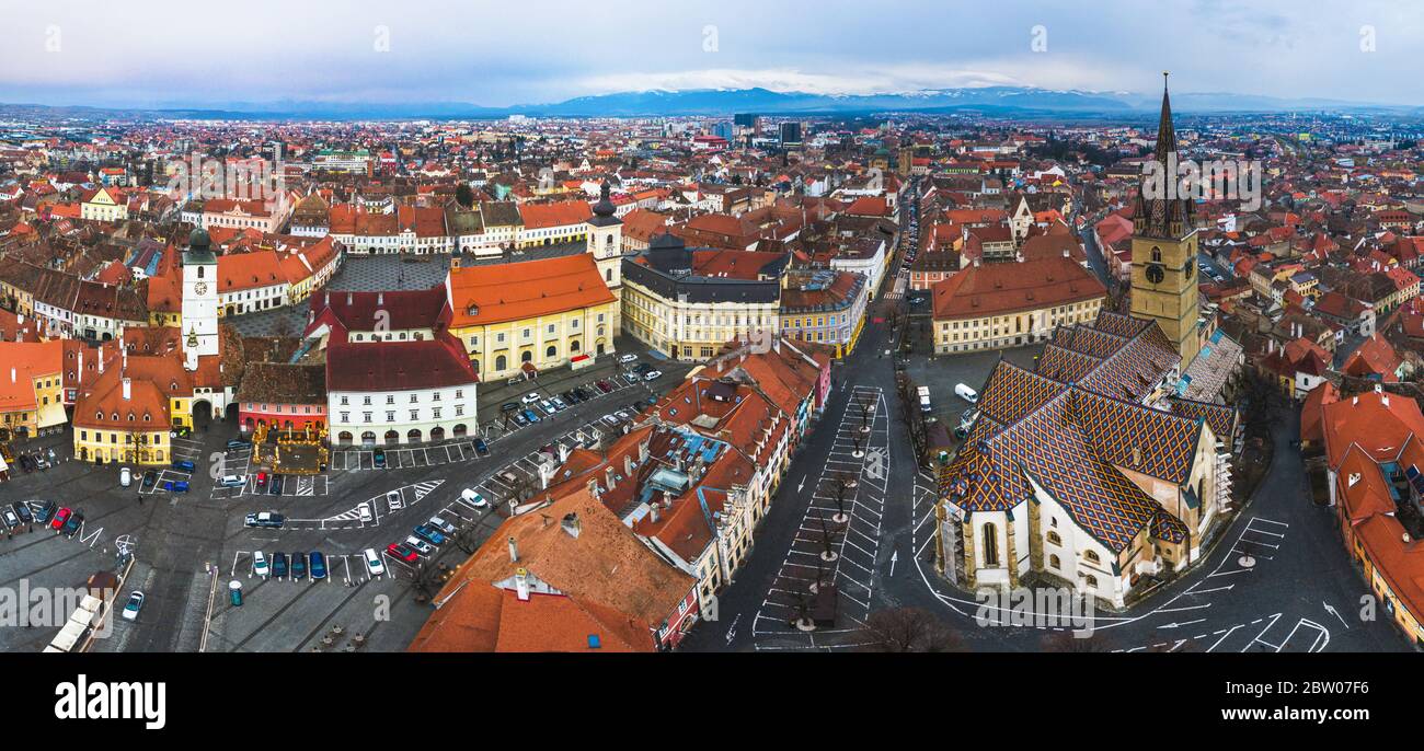 Sibiu, in the center of Transylvania, Romania. View from above with the  Fagaras Mountains in the back. HDR photo. City also known as Hermannstadt  Stock Photo - Alamy