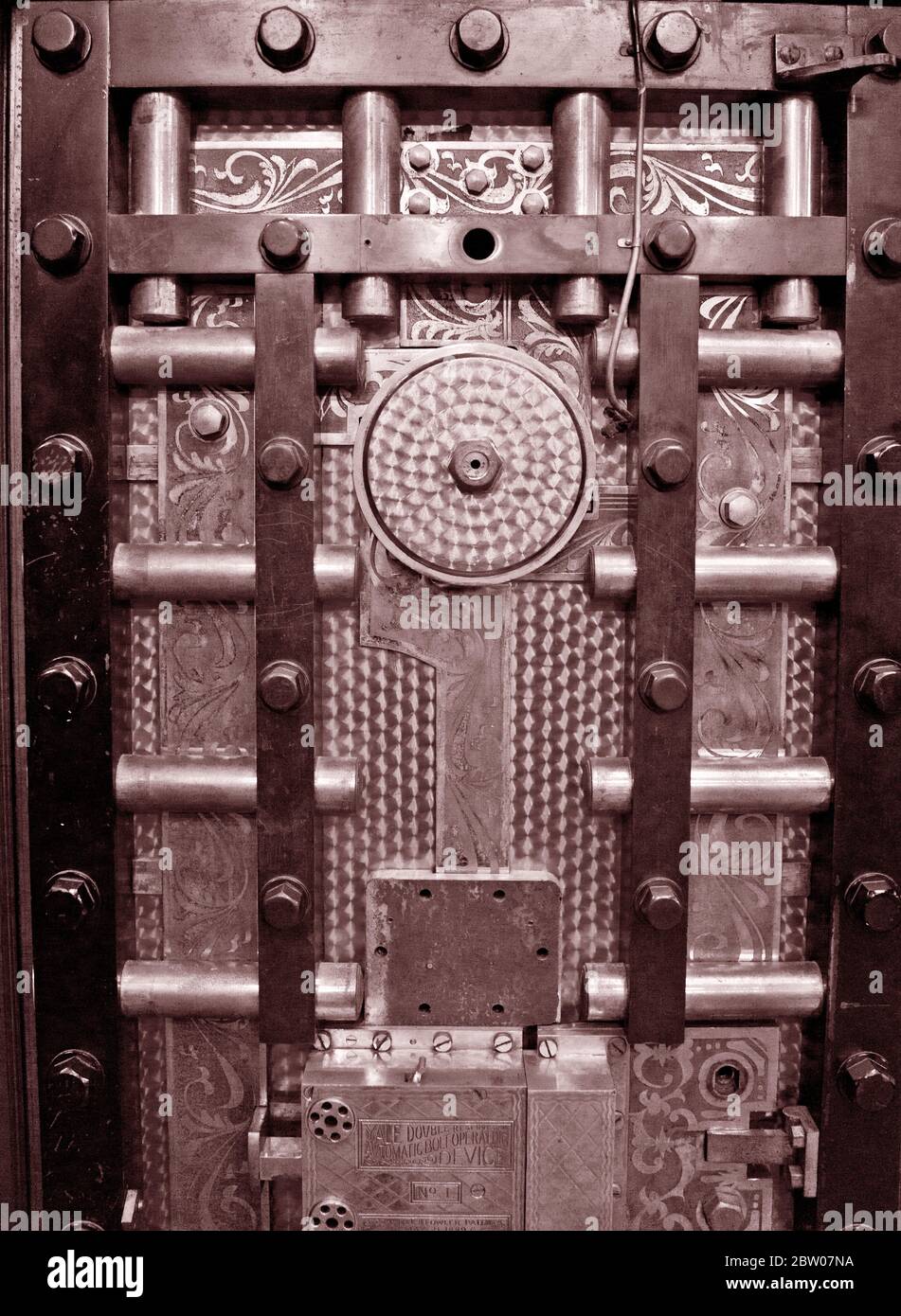 Old Antique Vault door, inside, bars, wheels, dials, steel, strong Stock Photo