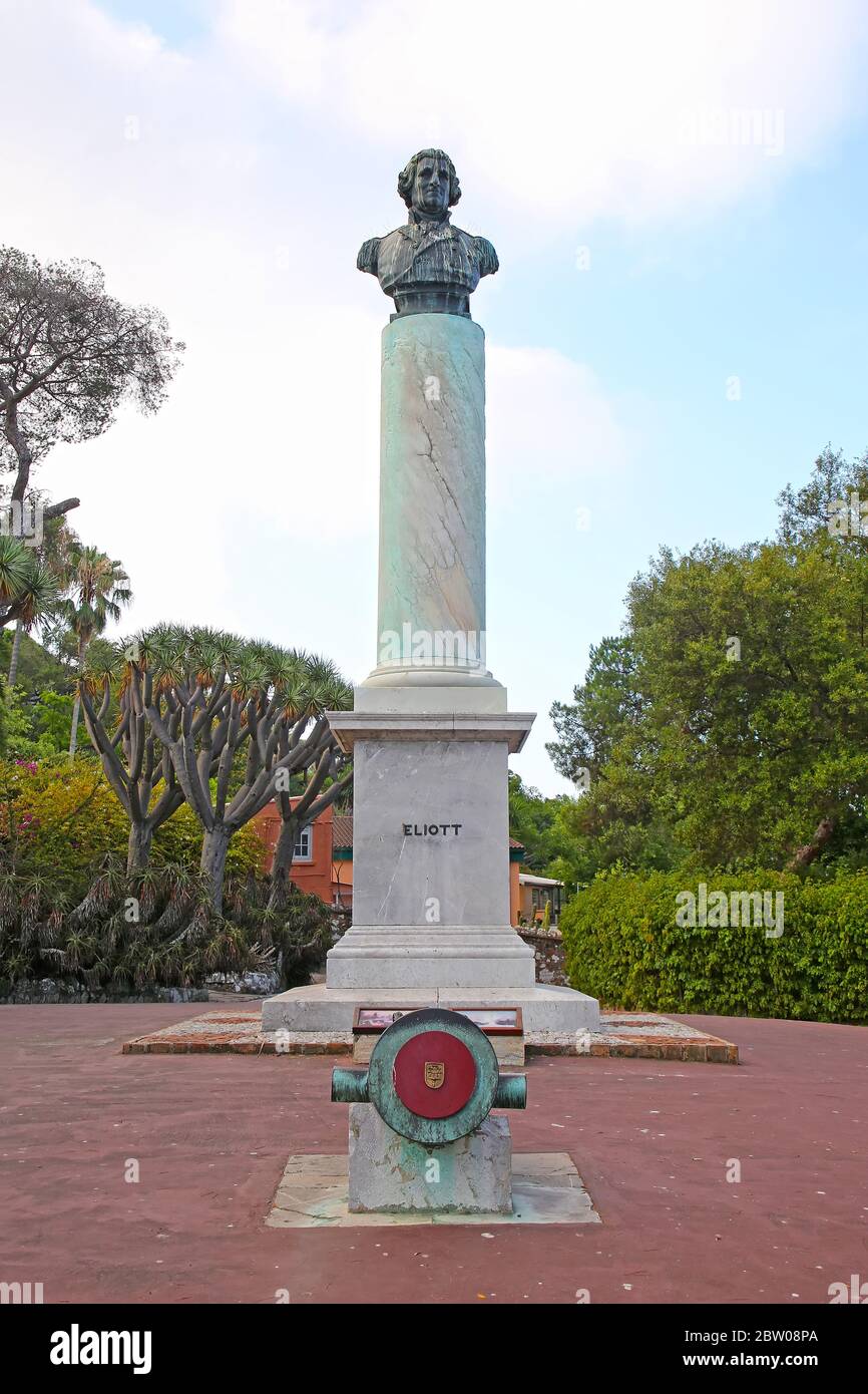 The Eliott Memorial column inside the La Alameda Gardens which are a botanical gardens in Gibraltar, British overseas territory. Stock Photo