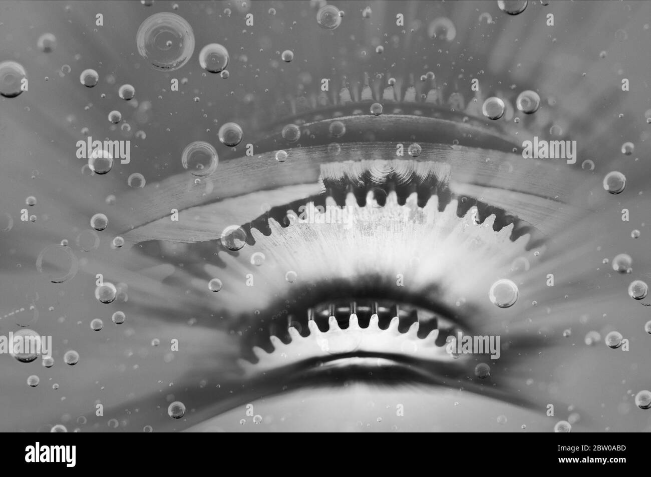 Metal gears in liquid or oil with bubbles. Black and white Stock Photo