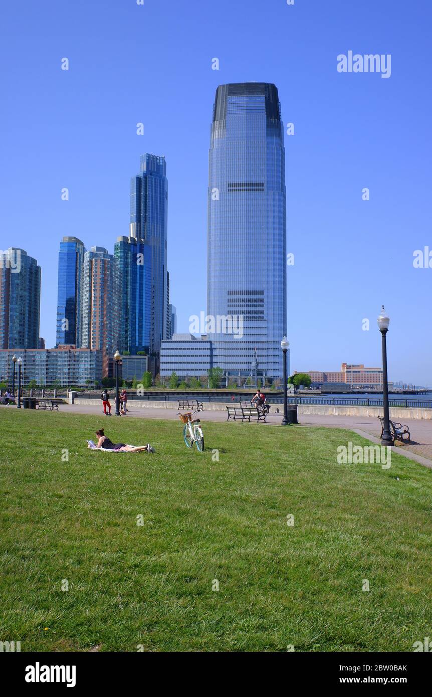 The view of Jersey City with 30 Hudson Street aka Goldman Sachs Tower and apartment buildings.Jersey City.New Jersey.USA Stock Photo
