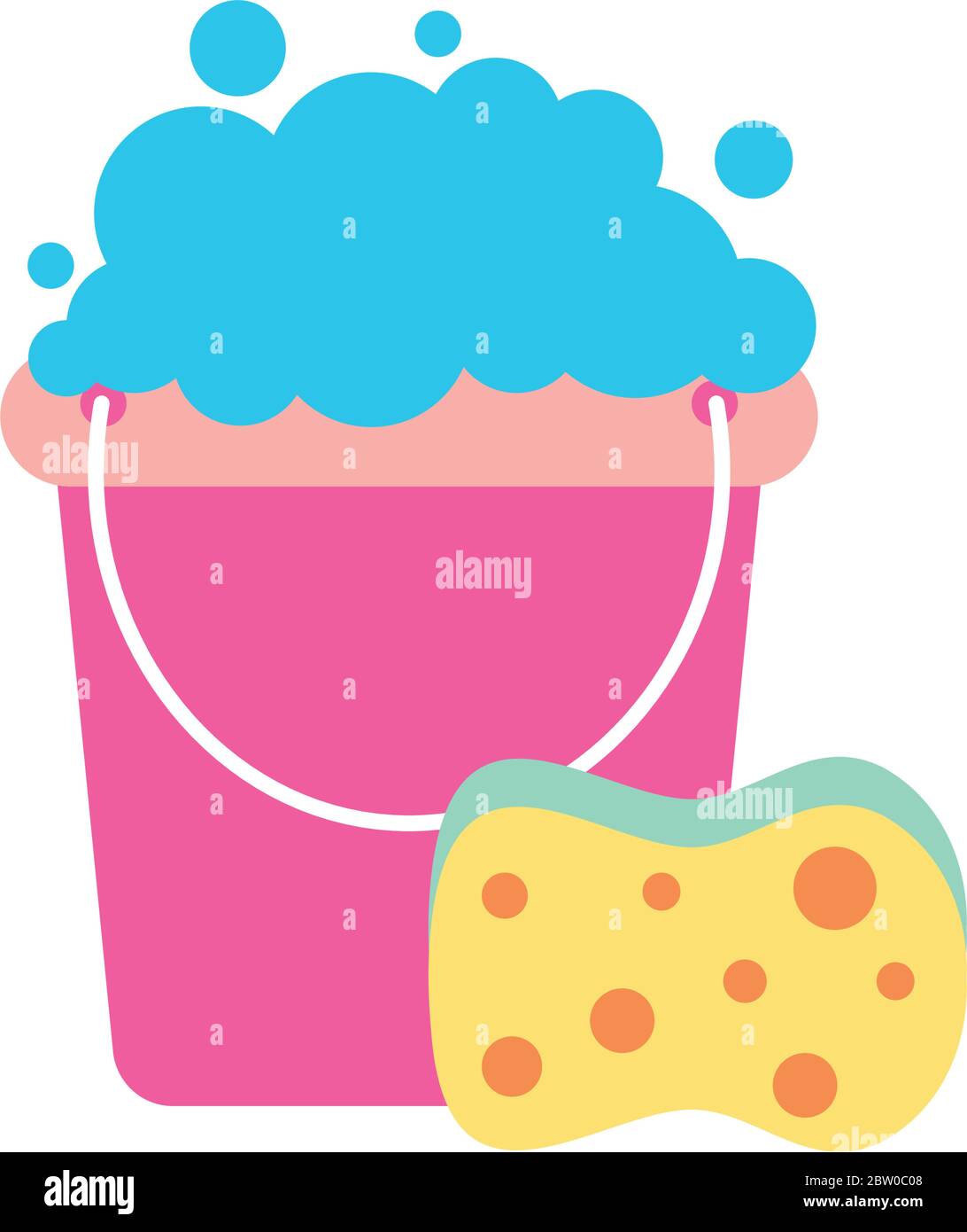 bucket with soapy water and sponge over white background, flat style