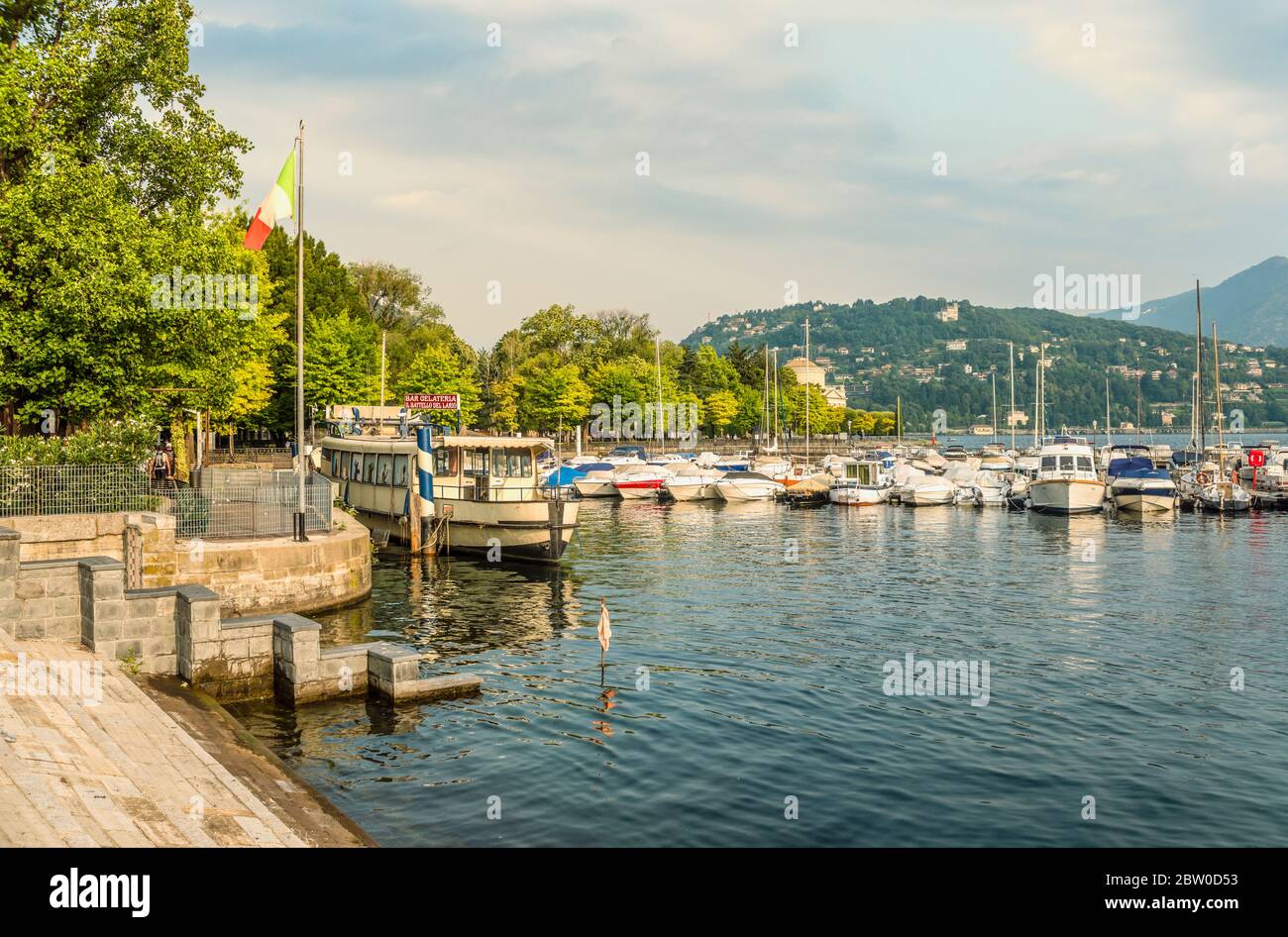 Lakeshore of Lake Como at Passeggiata Villa Olmo, Como, Italy Stock Photo