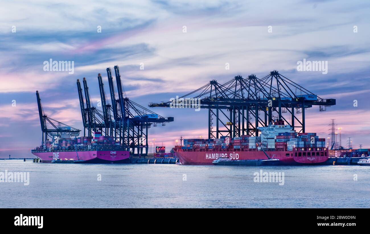 Large container terminal with moored vessels at twilight. Port of Antwerp in Flanders, Belgium is second-largest seaport of Europe. Stock Photo