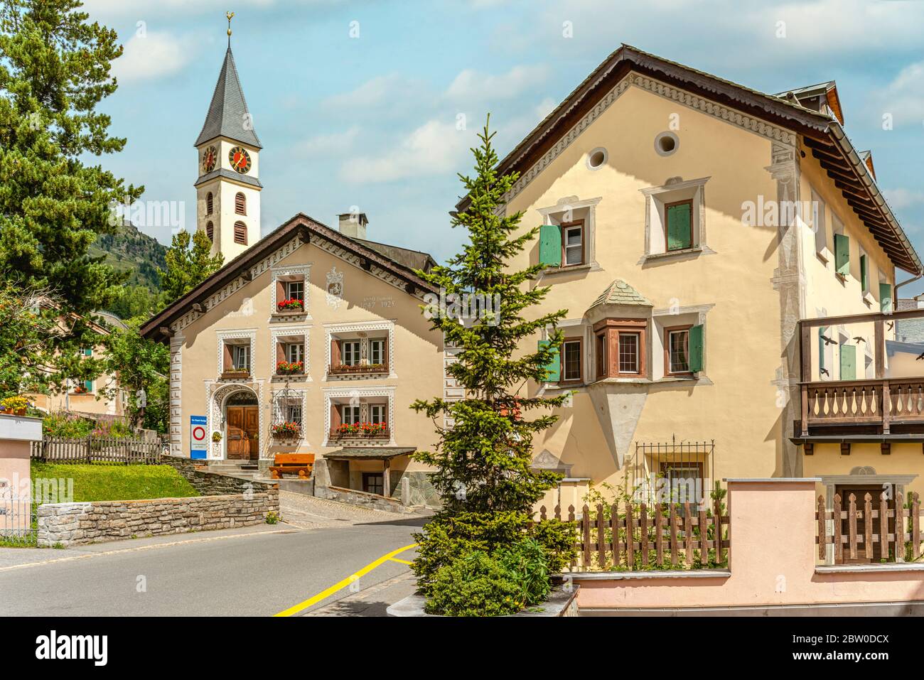 Village Silvaplana at Lake Silvaplana, Engadine, Grisons, Switzerland Stock Photo