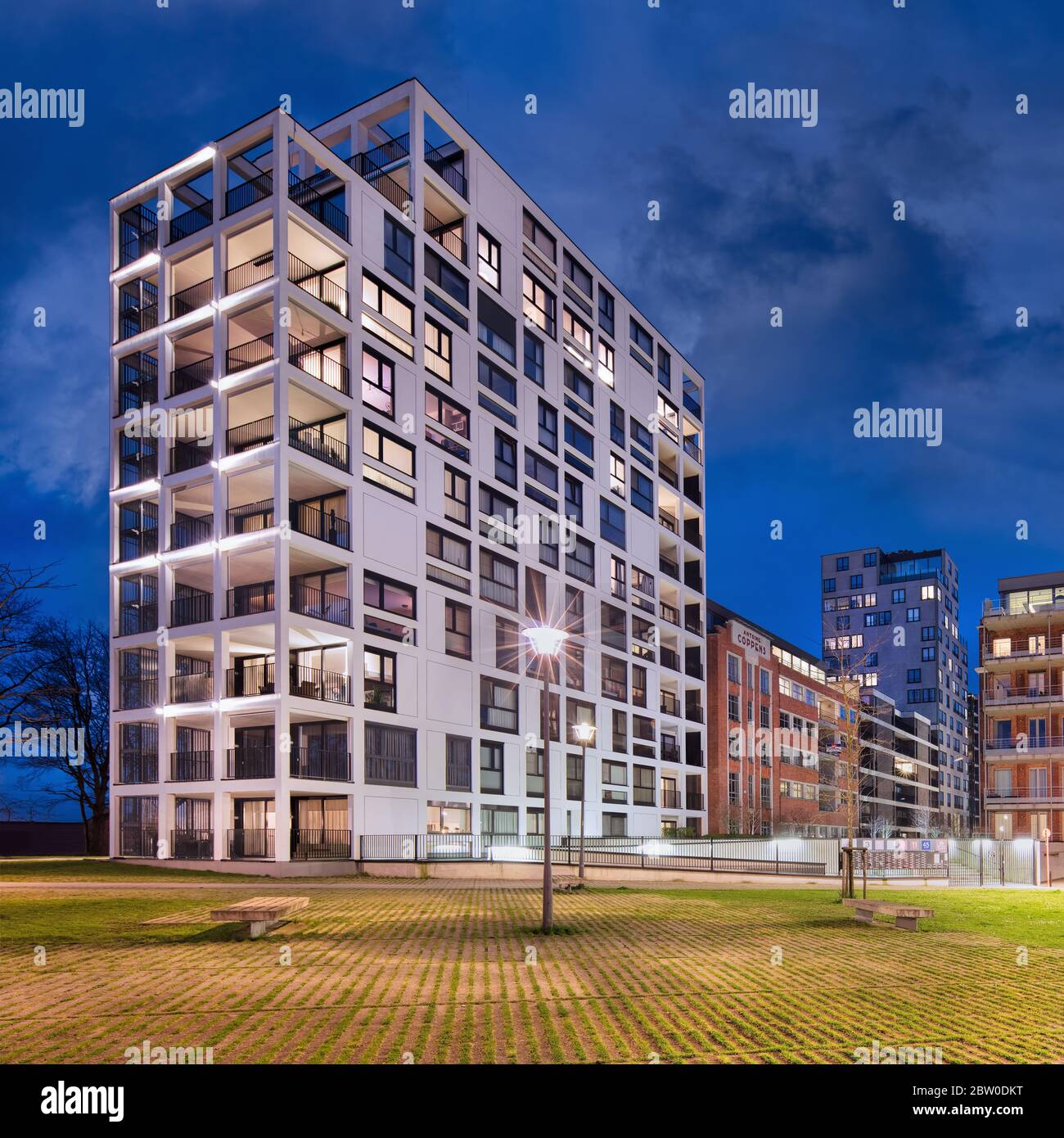 New apartment buildings at night at the New Kaai harbor area. Turnhout