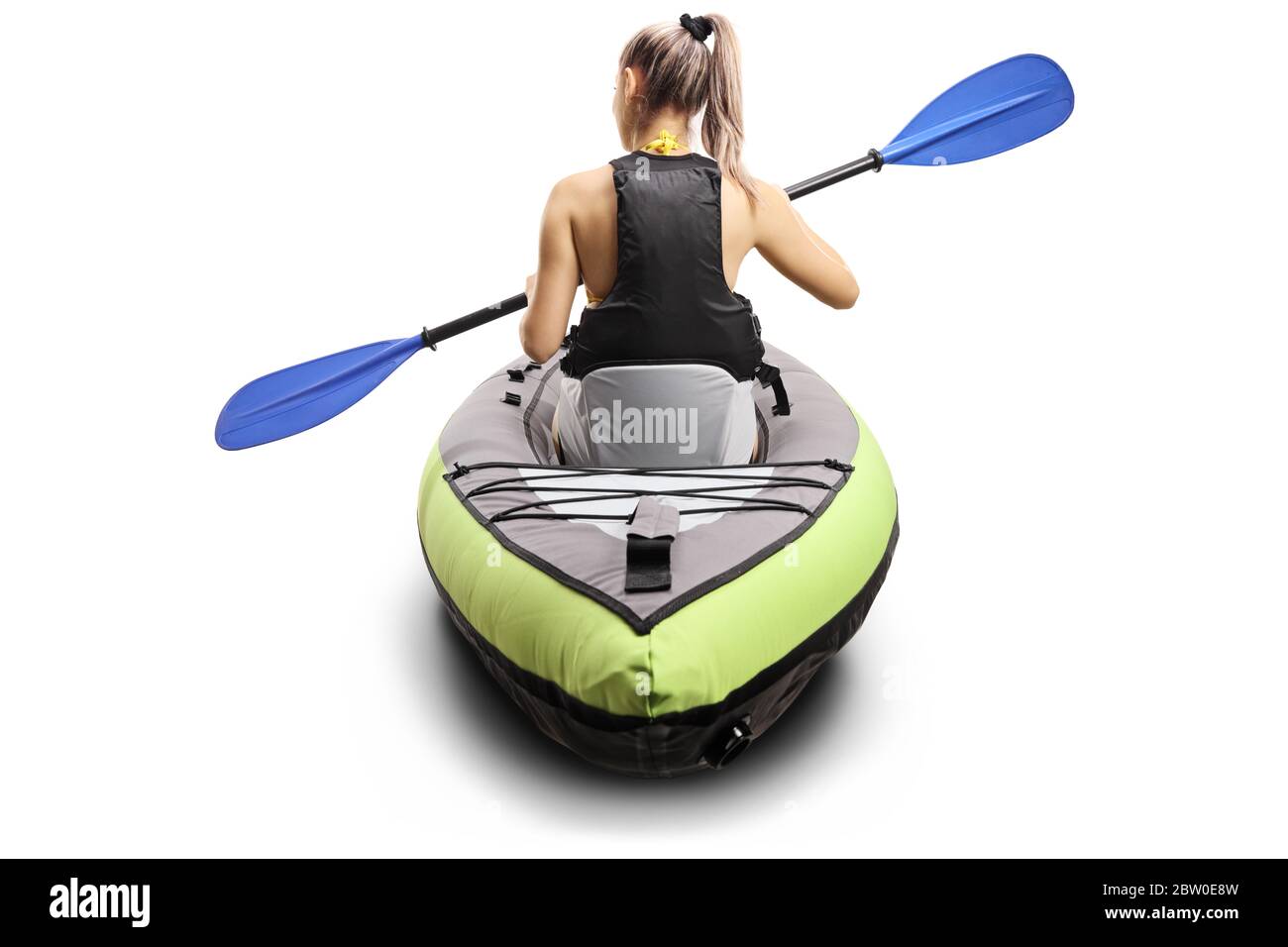 Rear view of a woman in a canoe with a life vest and a paddle isolated ...