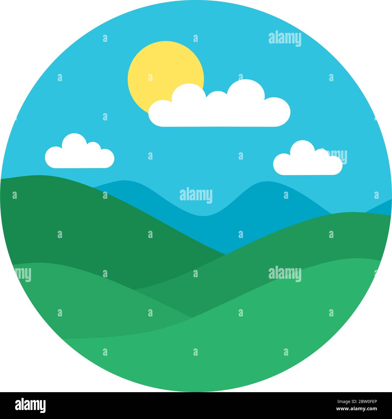 Mountains landscape with sun and clouds over white background, flat ...