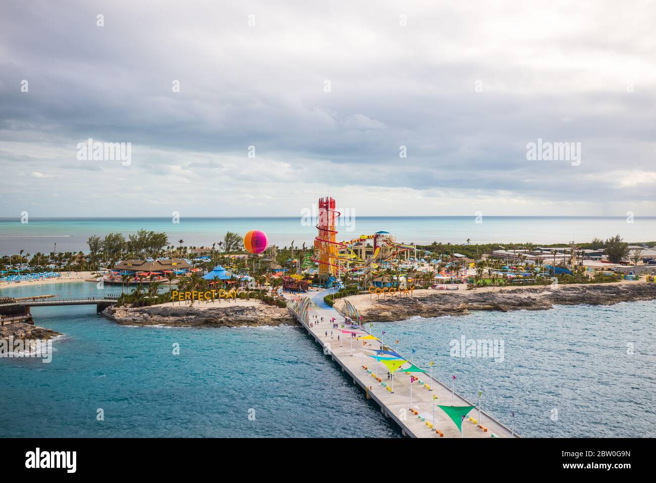 An aerial/drone view of Cococay, the private island post that's owned by the Royal Caribbean cruise line where guests can spend the day having fun. Stock Photo