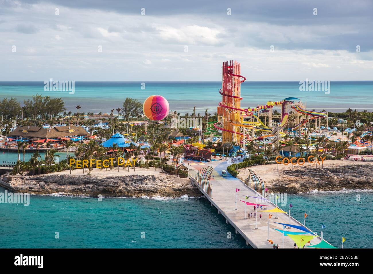 An aerial/drone view of Cococay, the private island post that's owned by the Royal Caribbean cruise line where guests can spend the day having fun. Stock Photo