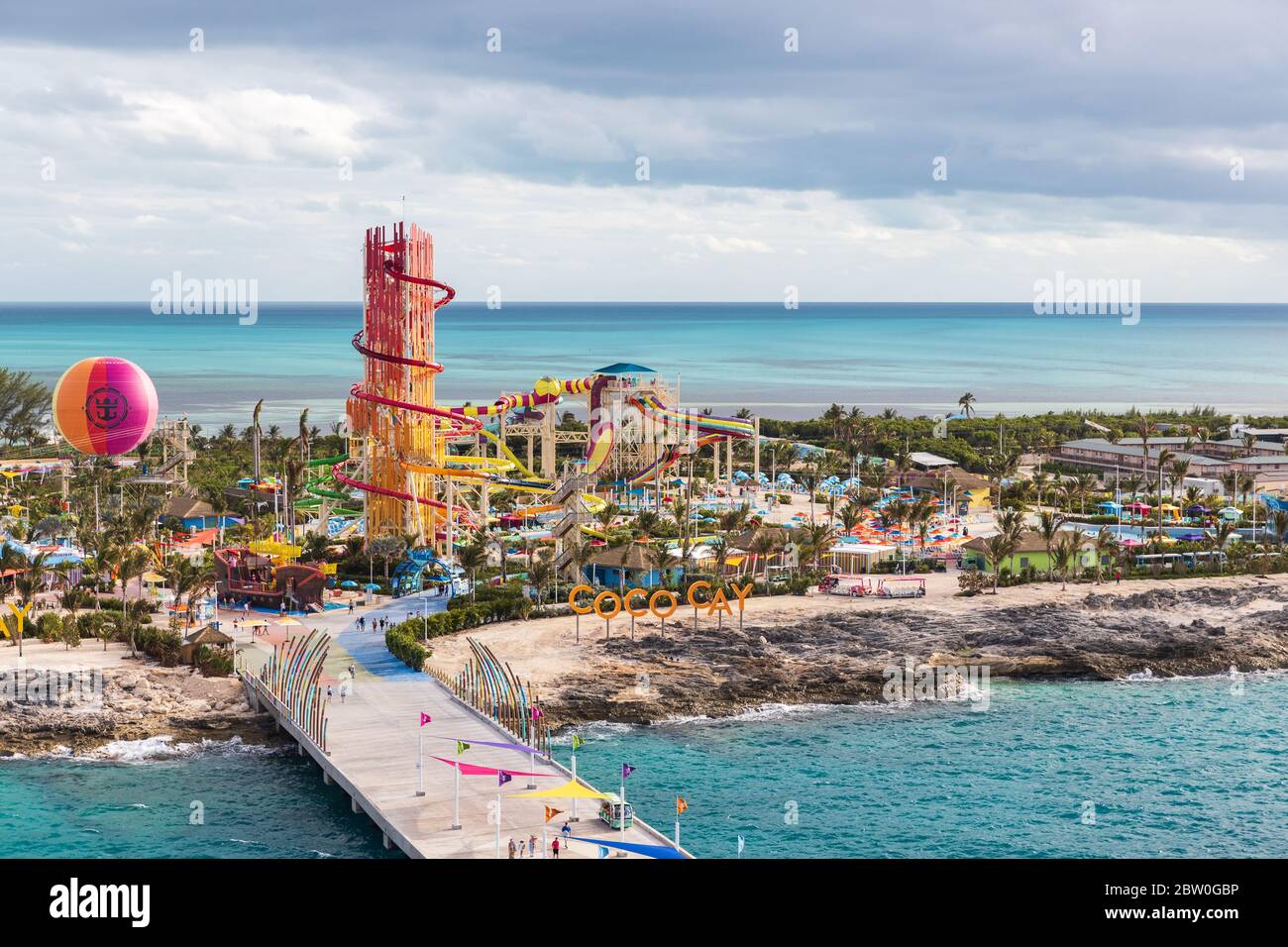 An aerial/drone view of Cococay, the private island post that's owned by the Royal Caribbean cruise line where guests can spend the day having fun. Stock Photo