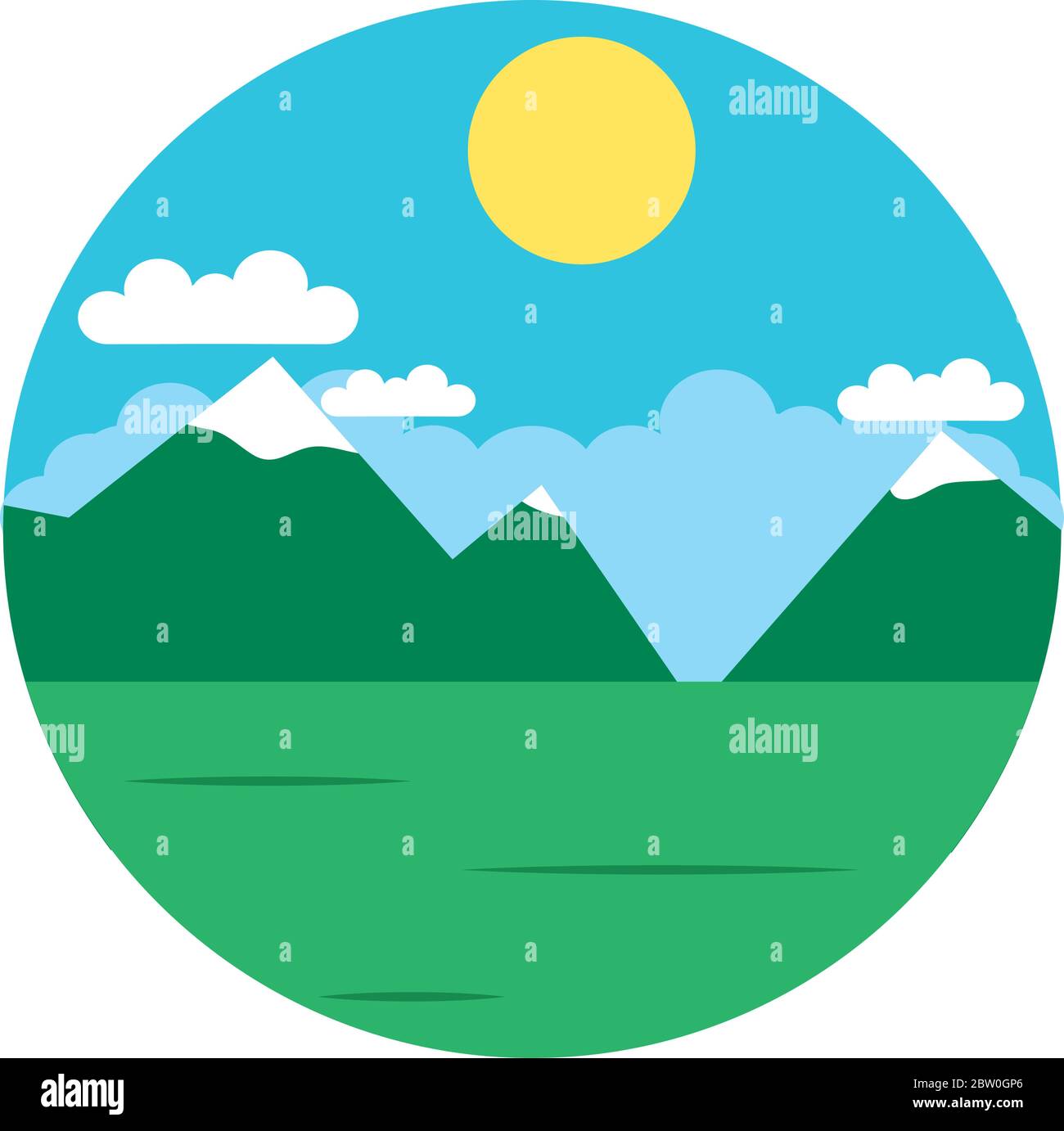 Mountains and sun landscape icon over white background, flat style ...