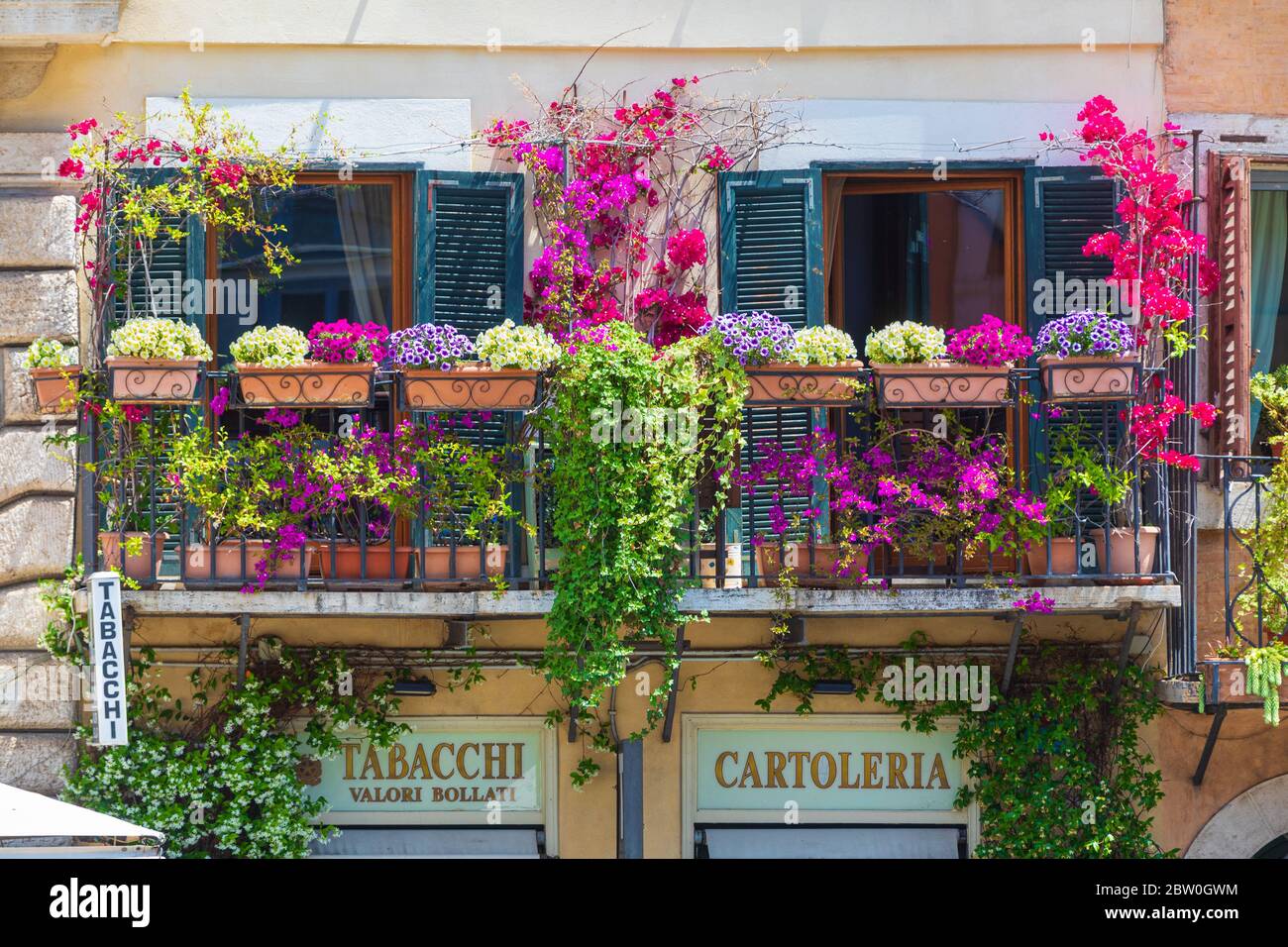 Rome, Italy. May 25, 2020 Balcony with flowers and plants in the