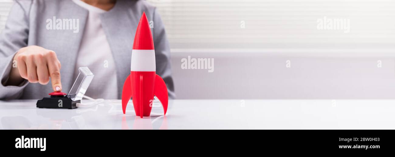 Rocket Launch Button. Launching Career. Start Business Stock Photo