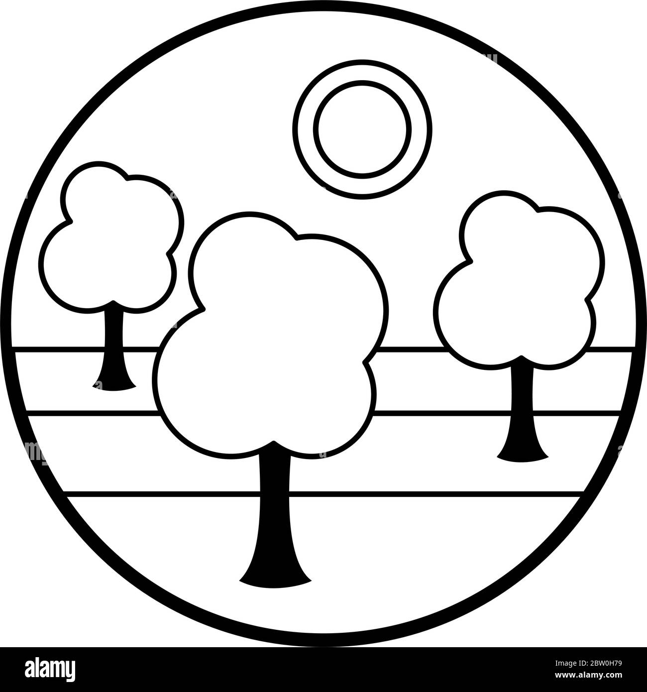 Sunny landscape with trees icon over white background, line style ...