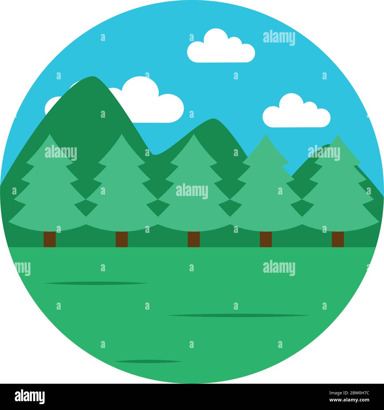 Mountains and forest landscape icon over white background, flat style ...