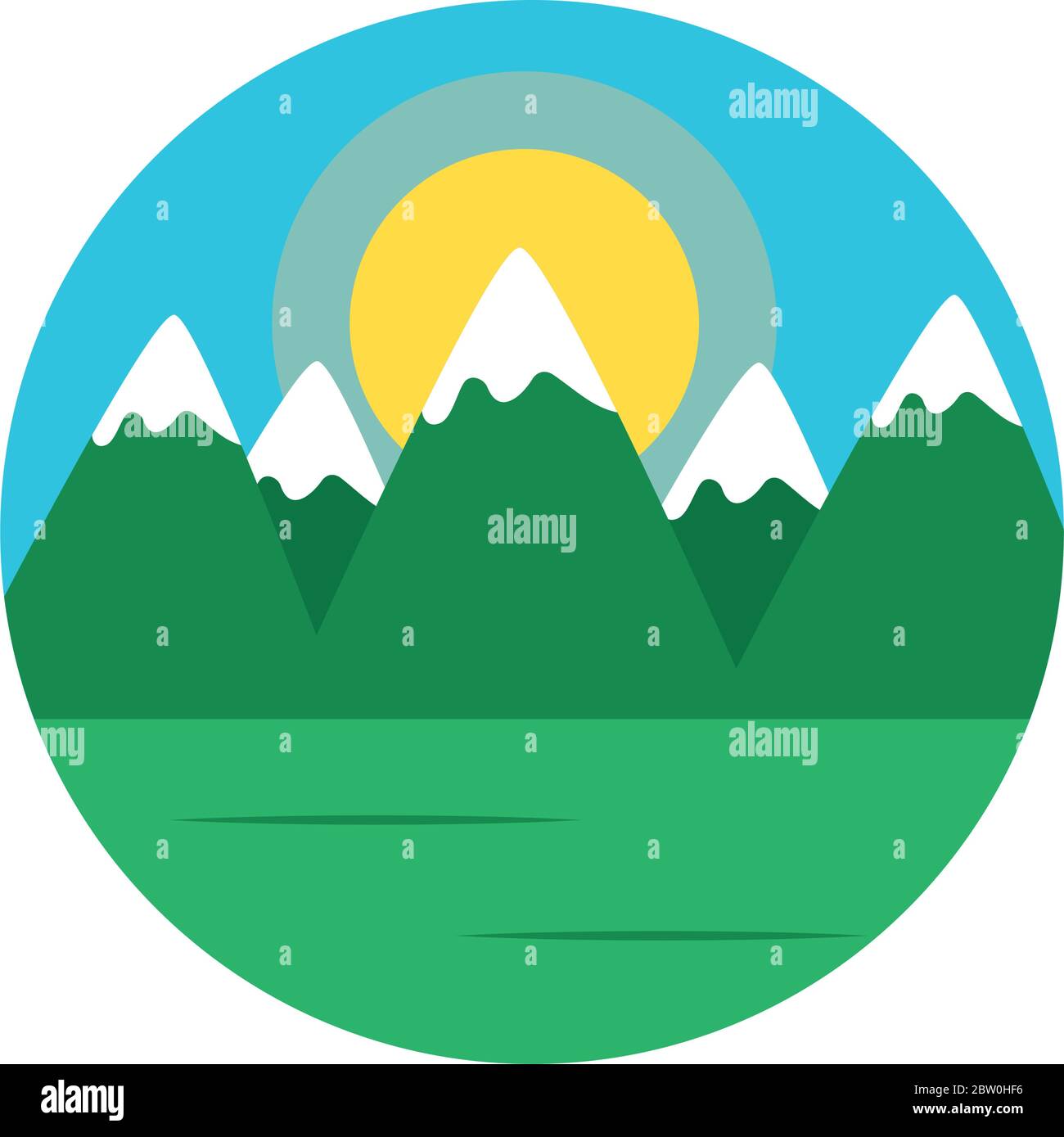 Sunny landscape with snowy mountains over white background, flat style ...