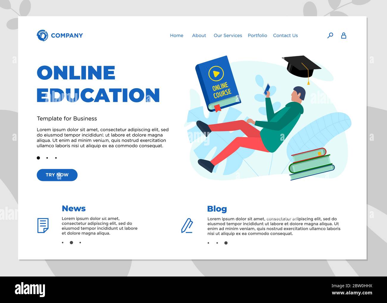 Online education course landing page template. E-learning website mockup with student teenager and play video sign on cover book. Remote learning and internet studying knowledge webinar vector concept Stock Vector