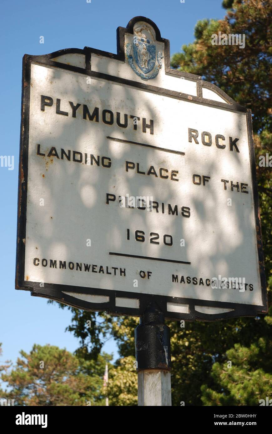 Plymouth, Massachusetts - September 2008: Wide angle view of a sign marking the landing place of the Pilgrims in 1620 Stock Photo