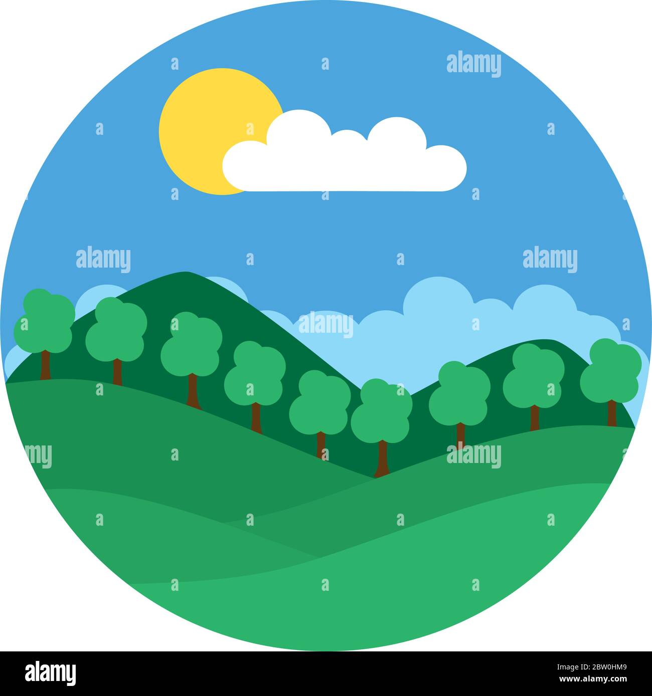 Mountains and trees landscape icon over white background, flat style ...