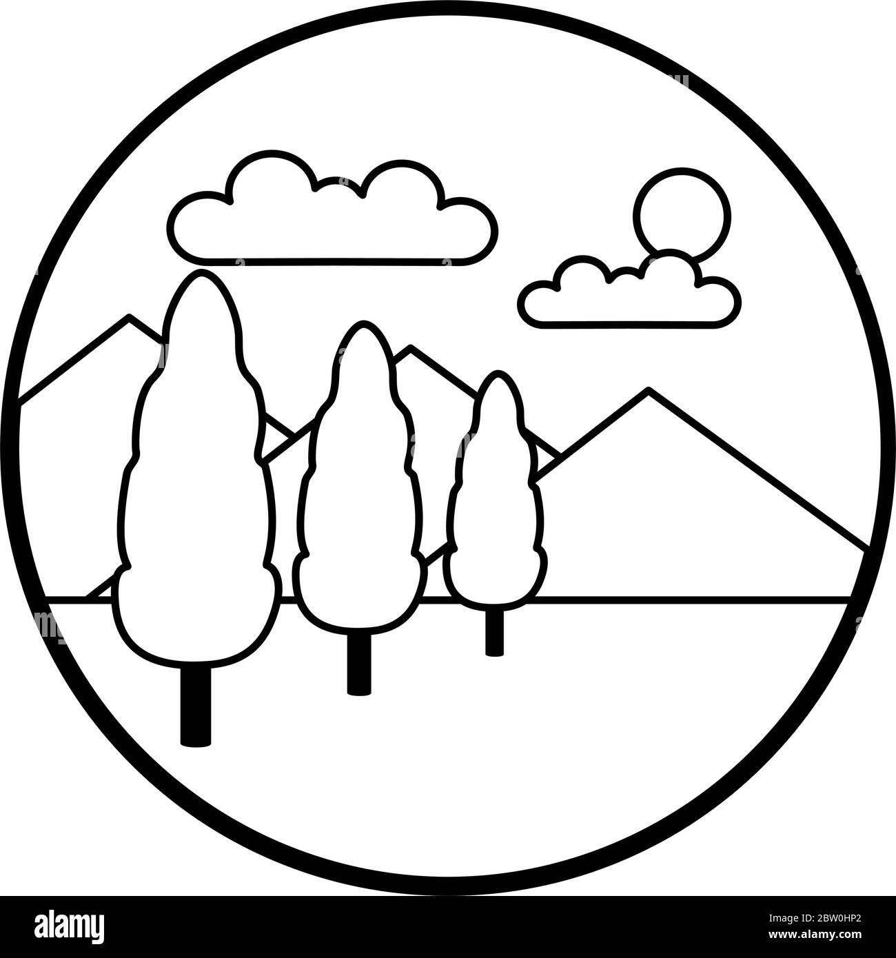 Landscape with mountains and trees icon over white background, line ...